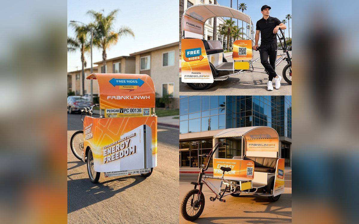 Branded pedicabs offering free rides at a trade show