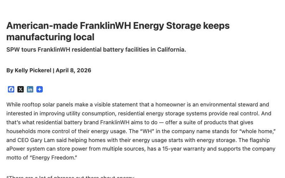 Solar Power World feature on American-made energy storage