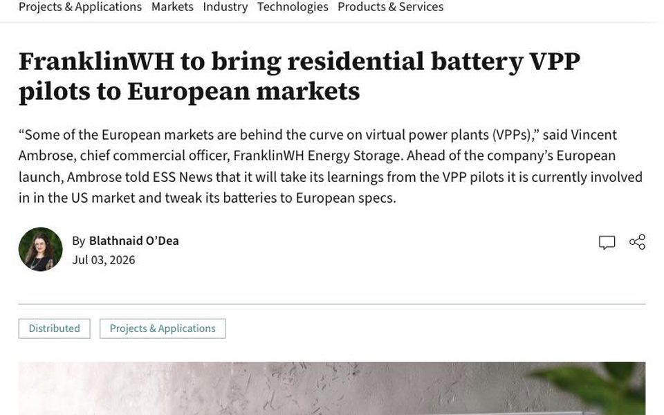 ESS News article on residential battery VPP pilots in Europe