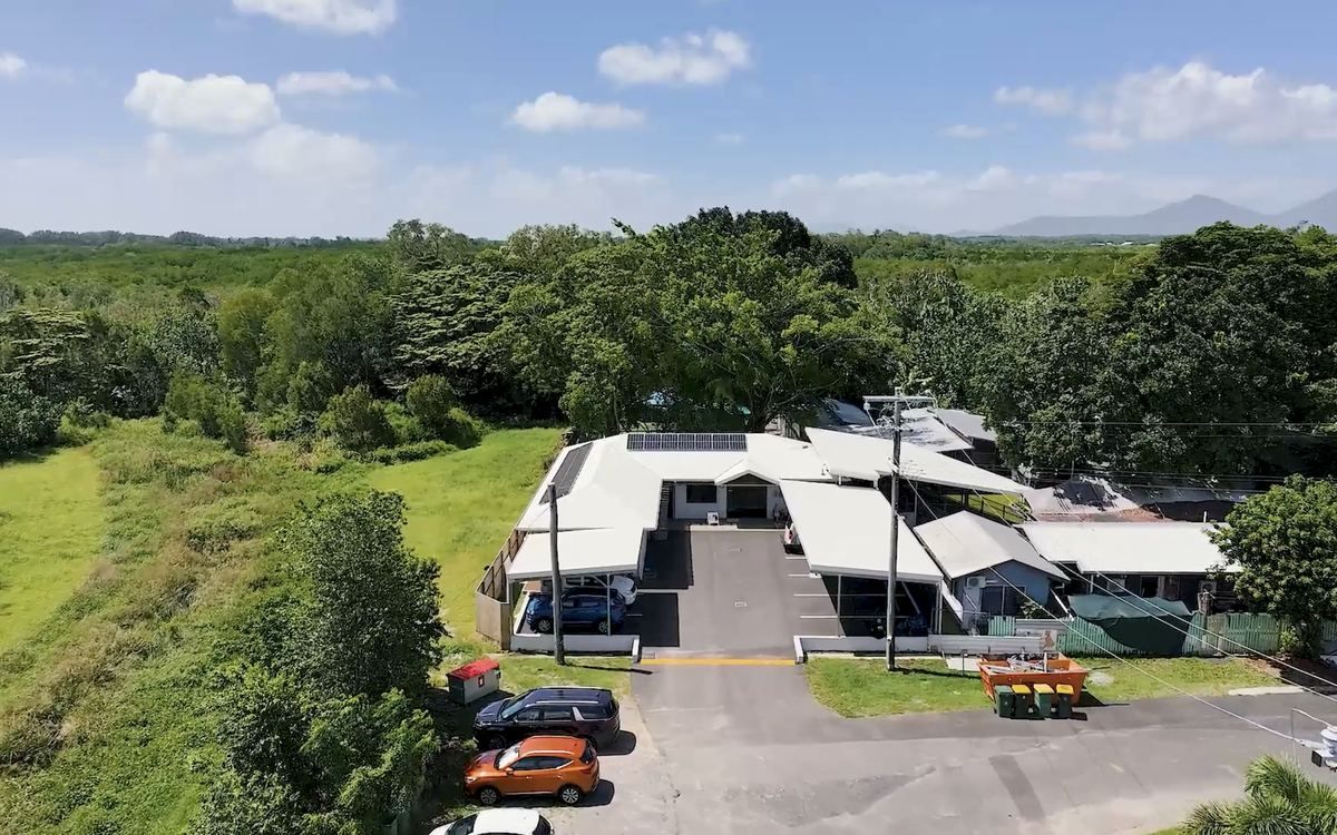Aerial view of the animal shelter with a solar roof